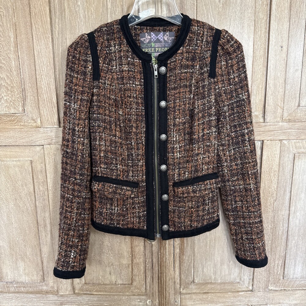 Free People Tweed Jacket Womens XS 0 Brown Black Wool Blend Dark Academia Fall
